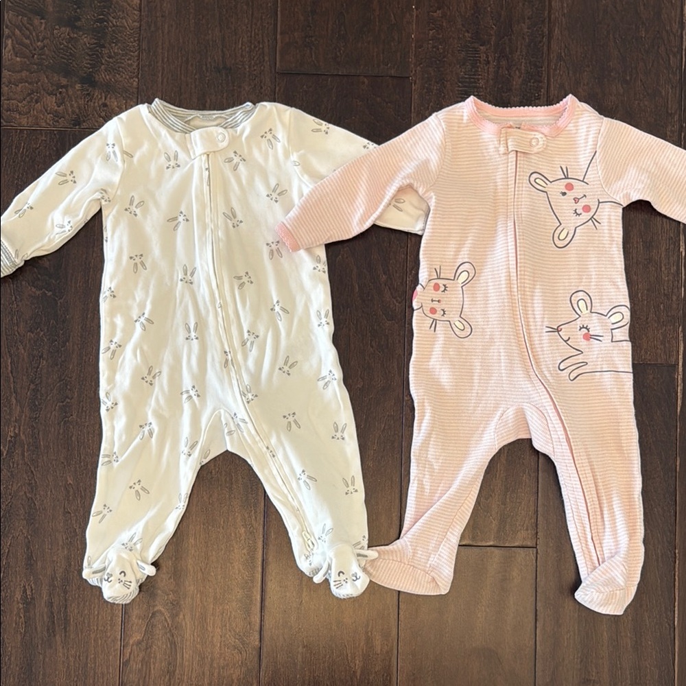 Bundle of Baby Girls Carter's Cozy Pink and White One Piece bunny Footies!